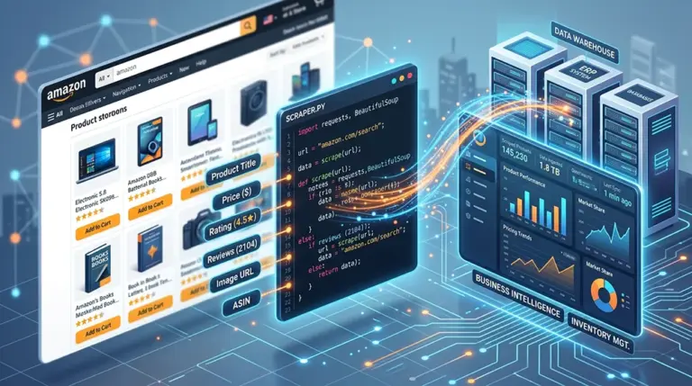 Conceptual illustration of the Amazon Scraping API extracting e-commerce product data and seamlessly integrating it into an ERP system for business analytics.