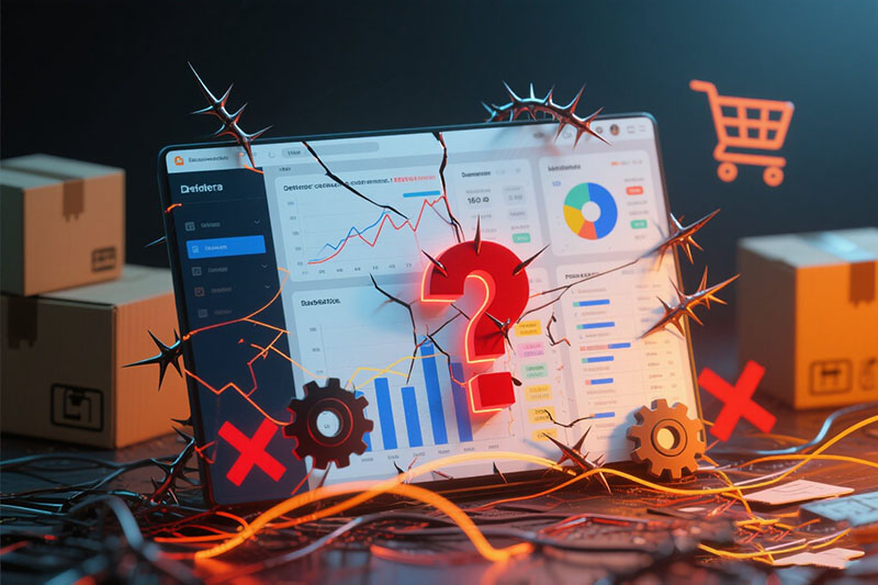 亚马逊选品工具弊端，Illustration depicting Amazon product research tool drawbacks: shows defective software UIs with glitches, error symbols, thorns (pain points), question marks (data doubt & what to do about lagging data), and broken gears, symbolizing limitations of cross-border e-commerce product research software and challenges in avoiding homogenization.