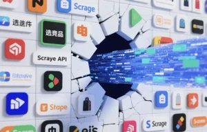 概念图：一支由独特数据流组成的箭头强力冲破一堵由雷同的选品工具图标组成的墙壁，象征着通过差异化选品策略，来解决“亚马逊同质化选品如何破局”的问题，并避免内卷。Concept art illustrating how to break through homogenized Amazon product selection: a dynamic arrow of unique data streams smashes through a wall of generic tool icons, symbolizing a differentiated selection strategy and avoiding involution.