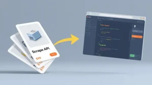 一张用于“使用Python和Scrape API进行Amazon产品类目抓取”教程的封面图。图片左边是代表亚马逊数据的产品卡片，右边是包含Python代码的编辑器窗口，中间由一个箭头连接，并标有“Scrape API”字样。