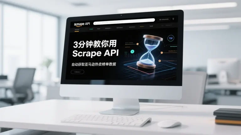 一张关于亚马逊热卖榜单API的科技主题概念图，图中一个中心的API图标通过数据流连接着亚马逊、代表榜单的条形图和象征自动化的机器人图标，展示了自动化数据采集的过程。