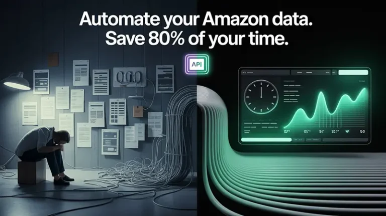 A concept image showing how Amazon automated data scraping saves time. The left side depicts chaotic manual data work, while the right shows a clean, efficient data flow achieved with e-commerce automation tools, highlighting the benefits of seller data analysis automation.