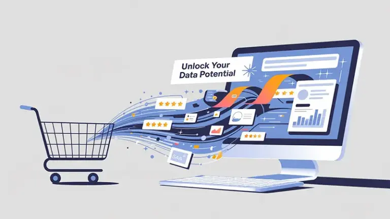 Cover image for a complete guide on using a Python Amazon review scraper for data scraping. The image shows data flowing from an e-commerce platform into an analysis chart.