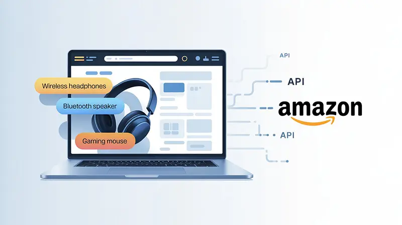 Amazon keyword scraping API workflow illustration showing laptop with Amazon search interface, floating keyword tags like wireless headphones and bluetooth speakers, connected by blue API data flow lines