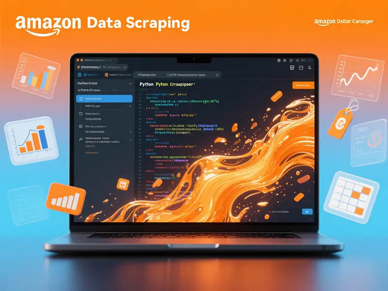 Infographic showing the process of Amazon data scraping with data streams flowing from a shopping cart to a server, illustrating API solutions and anti-scraping techniques.