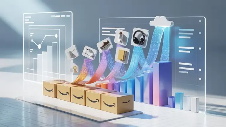 Modern tech illustration showing Amazon product selection data collection and analysis workflow with data streams, analytical charts, and selection interfaces