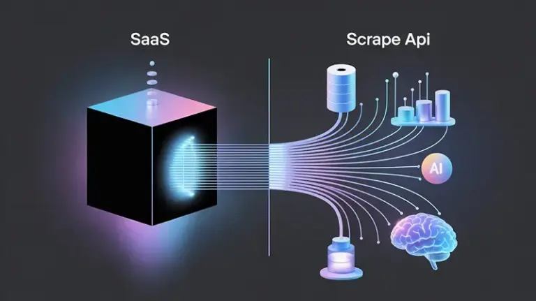 一张信息图，对比了电商数据采集API和SaaS工具两种模式。左侧SaaS是封闭黑盒，右侧API是开放接口，数据流灵活地连接到下游系统，展示了电商爬虫API服务在亚马逊数据抓取中的灵活性。