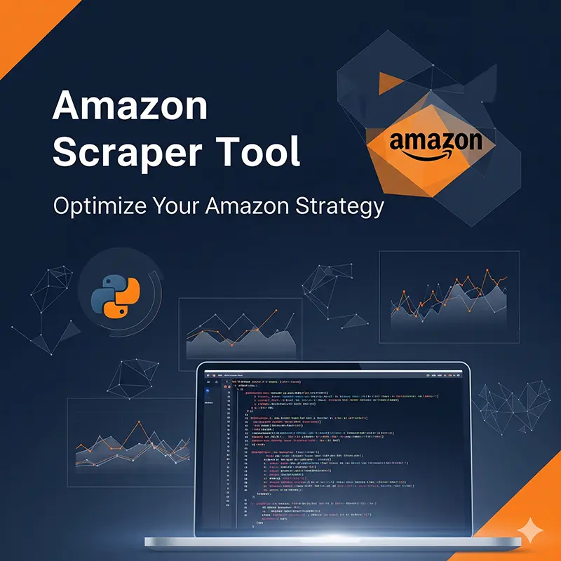 Professional Amazon scraper tool guide cover image featuring Amazon web scraper and data extraction software concepts with data visualization elements and programming interface
