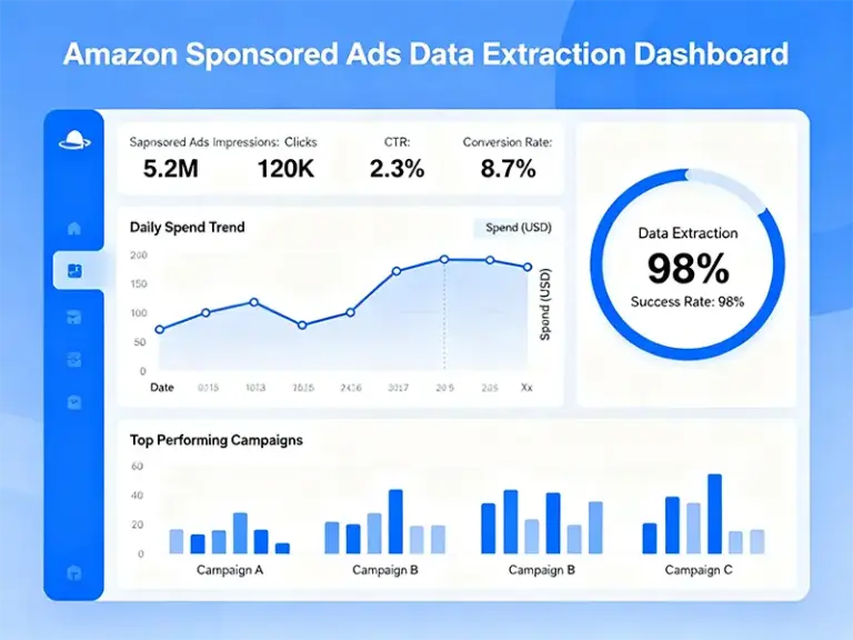 展示亚马逊Sponsored广告位抓取数据的分析仪表盘，成功率达98%
