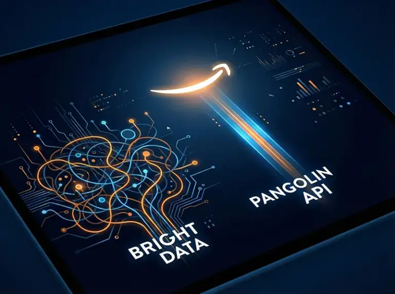 一张对比图，展示了通往亚马逊数据采集的两条路径：一条是代表Bright Data的复杂纠结路径，另一条是代表Pangolin Scrape API的简洁直接路径，象征着其作为亚马逊数据抓取最佳Bright Data 替代方案的地位。Bright Data Alternative