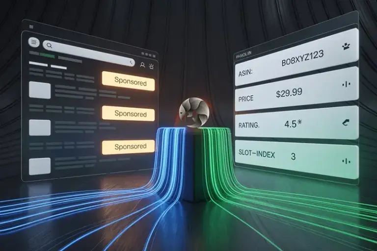 Sponsored广告位采集技术深度解析-展示从搜索结果页面检测并抽取 SP 广告数据到结构化输出的流程图像。/ A visual showing SP ads detection and extraction from SERP into structured data.