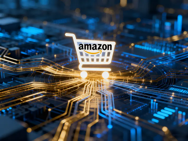 一张描绘数据流如何通过亚马逊关键词数据采集技术汇聚并转化为商业洞察的抽象艺术图。