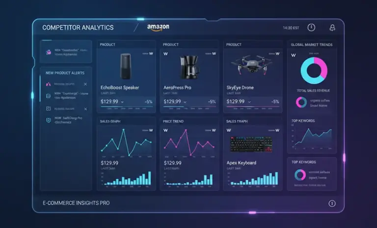 Professional monitoring dashboard displaying Amazon store data monitoring system interface with competitor new product alerts, price trend charts, and sales analysis data