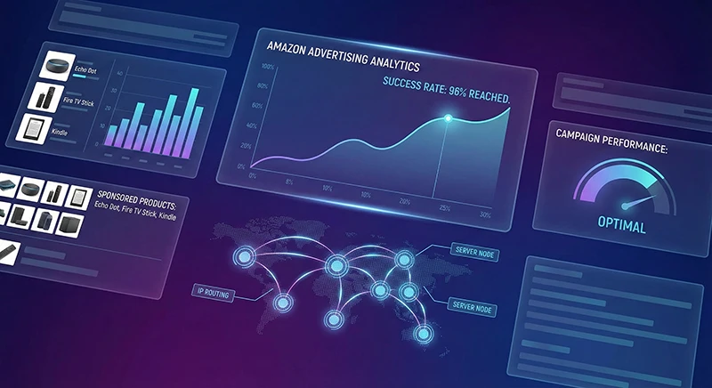 Sponsored Ad Placement Scraper 如何实现高达96%的抓取率? 1 展示Sponsored Ad Placement Scraper技术架构的可视化仪表盘,包含广告位数据采集流程和96%成功率指标