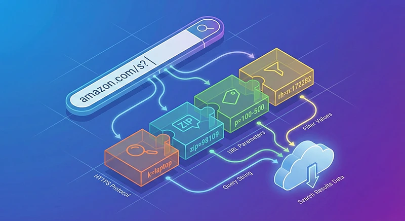 Amazon URL Parameters: A Complete Guide to Construction Techniques, Parameter Settings & E-commerce Data Scraping Optimization 1 展示亚马逊URL参数拼接逻辑的技术示意图,包含邮区、价格、关键词等核心参数模块Amazon URL parameters