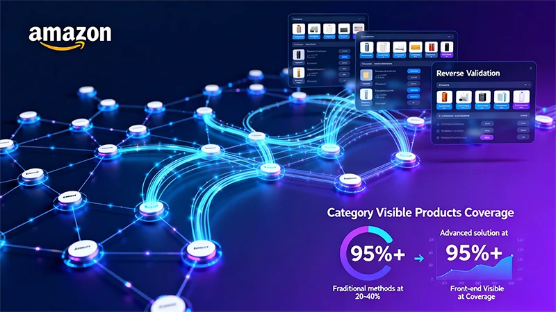 展示亚马逊类目遍历技术实现路径的可视化架构图，突出前台可见商品95%+覆盖率，包含参数组合策略和反向验证机制