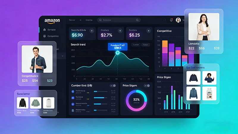 亚马逊选品数据分析工具界面展示搜索量、竞争度、评论数等核心选品维度的可视化数据