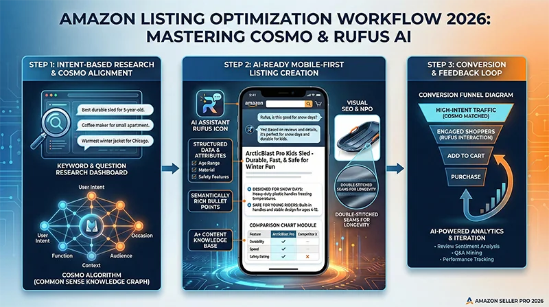 Amazon Listing优化流程图展示COSMO算法、关键词研究、视觉营销和数据分析的完整上架SOP