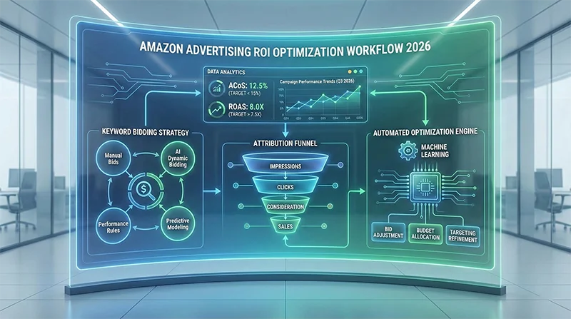 亚马逊广告ROI优化流程图展示ACoS优化、ROAS提升、关键词竞价策略、归因分析和自动化优化的完整数据分析体系