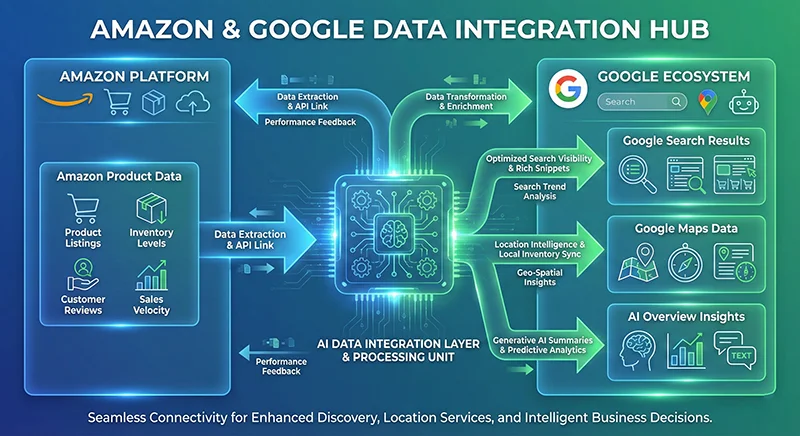 展示Amazon站内数据与Google搜索、地图、AI Overview等站外数据整合的完整数据流程图