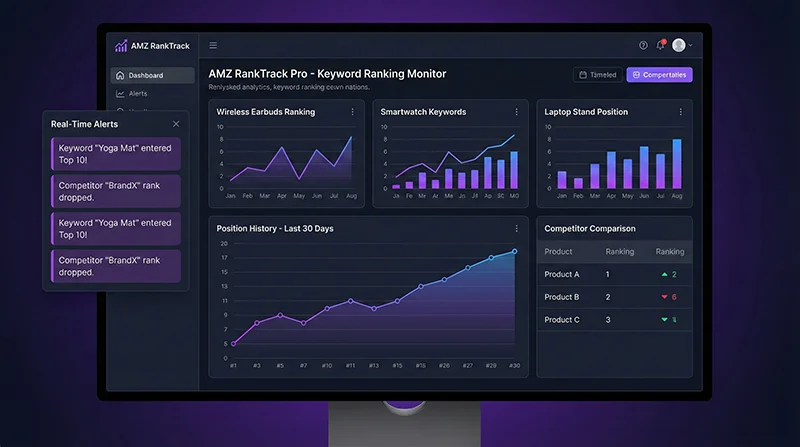Amazon Keyword Ranking Monitor Amazon keyword ranking monitor system showing rank tracking and data analysis