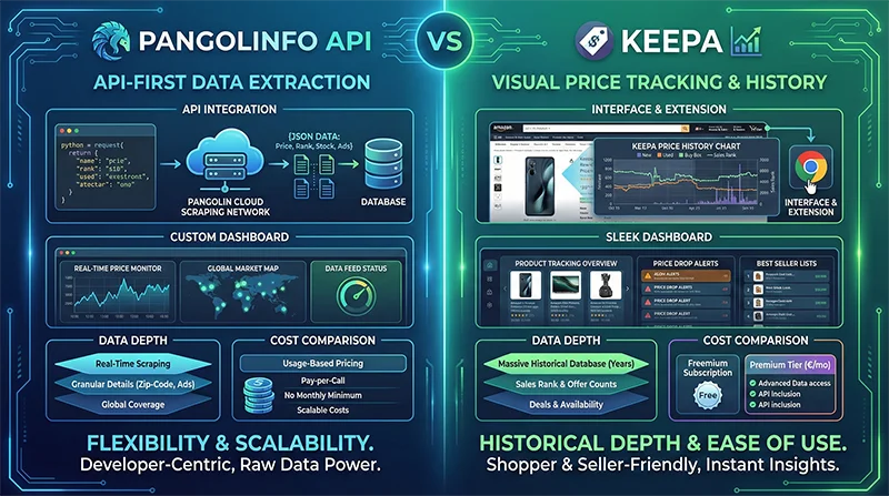 Keepa替代方案对比图:Pangolinfo API与Keepa在价格追踪、数据深度、API灵活性和成本控制方面的详细对比分析