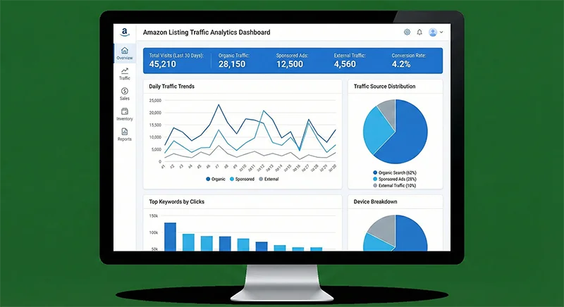 亚马逊listing流量分析工具界面展示流量来源分布、趋势图表和关键指标监控