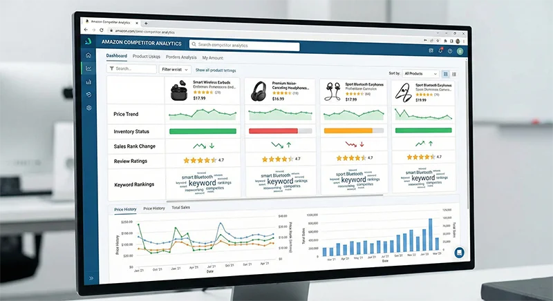 亚马逊竞品分析工具界面展示价格对比、库存状态、排名变化和评论数据监控