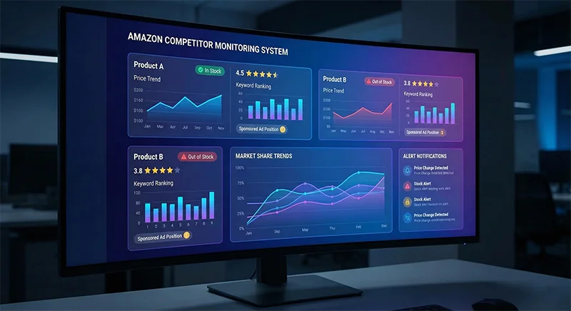 展示亚马逊竞品监控功能的专业仪表板,包含价格趋势、库存状态、评论评分、关键词排名和广告位监控的可视化界面