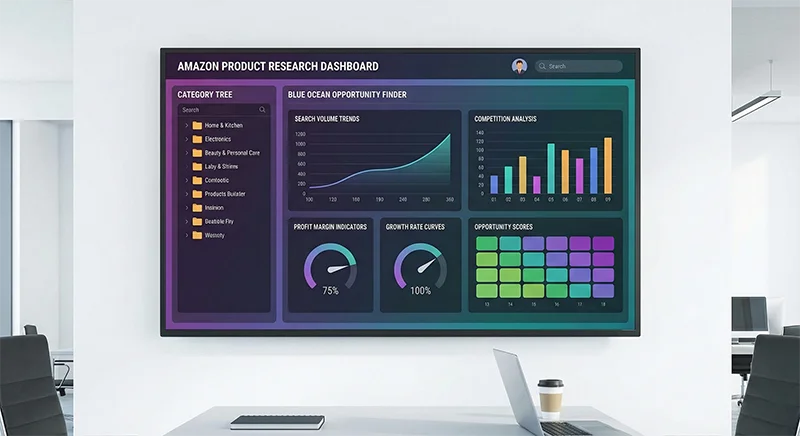 展示亚马逊蓝海市场挖掘数据源的专业仪表板,包含类目树导航、搜索量趋势、竞争度分析、利润率指标和增长率曲线的可视化界面