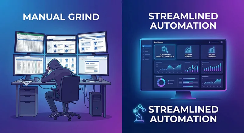 Comparison diagram showing efficiency difference between traditional manual Amazon product research and intelligent automation tools