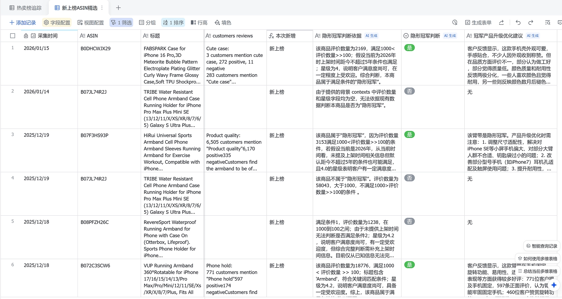 AMZ Data Tracker飞书AI分析输出 AMZ Data Tracker飞书多维表格界面截图:AI隐形冠军判断与产品升级优化建议输出