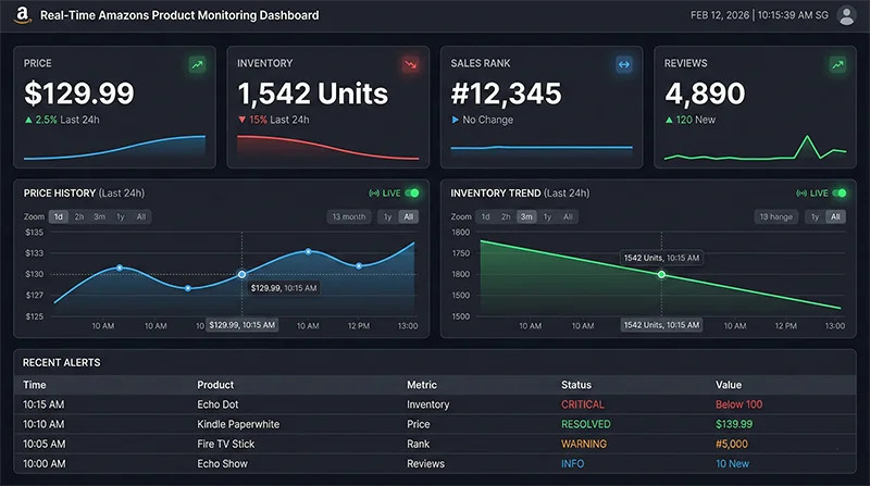 Real-time Monitoring Dashboard Real-time monitoring dashboard: Interactive visualization showing price trends, stock levels, ranking changes, and alert status