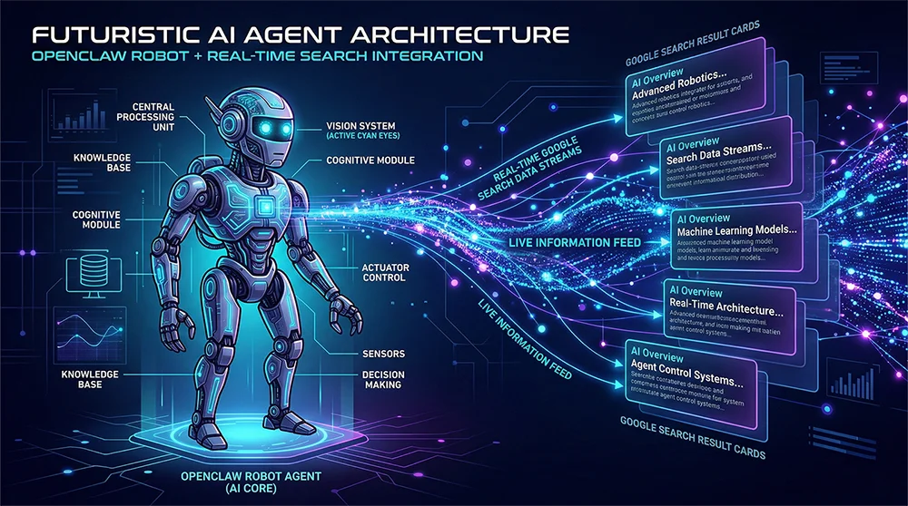 OpenClaw AI Search Skill 架构图:通过 Pangolinfo AI Mode API 实时获取 Google AI Overview 数据