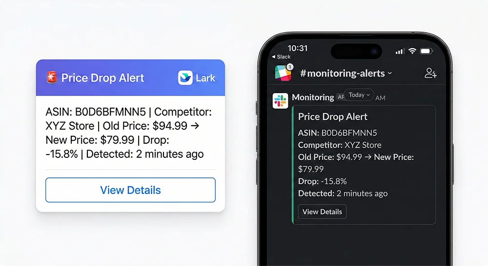 竞品降价飞书告警消息卡片示例 亚马逊竞品调价监控告警通知 - 飞书消息卡片显示ASIN、竞品价格、降幅和竞品卖家信息