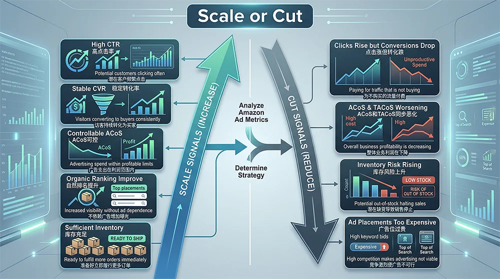 Amazon Ad Scale Up or Scale Down Strategy Amazon ad scaling and budget control strategy chart showing signals for scaling vs cutting
