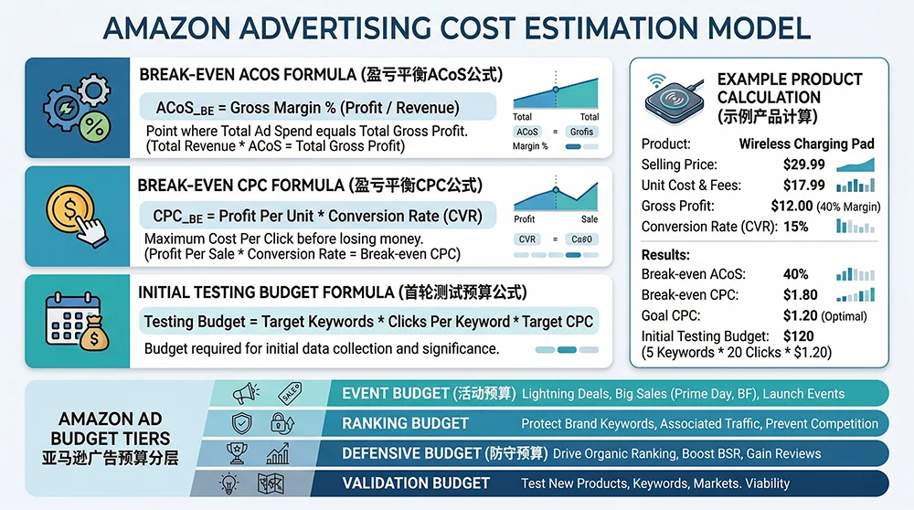 Amazon Promotion Cost Forecast Model Amazon promotion cost forecast chart showing break-even ACoS, CPC and test budget logic