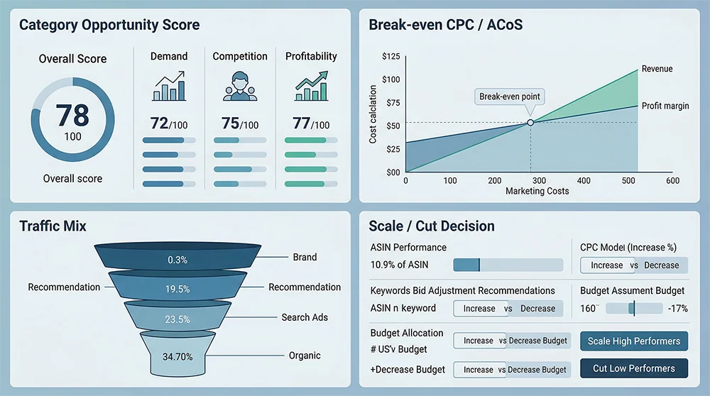 亚马逊类目机会判断与广告优化实操:从机会识别、成本预估到放量缩量的完整打法 2 亚马逊类目机会判断封面图展示机会评分、成本预估、流量结构与广告放量缩量决策