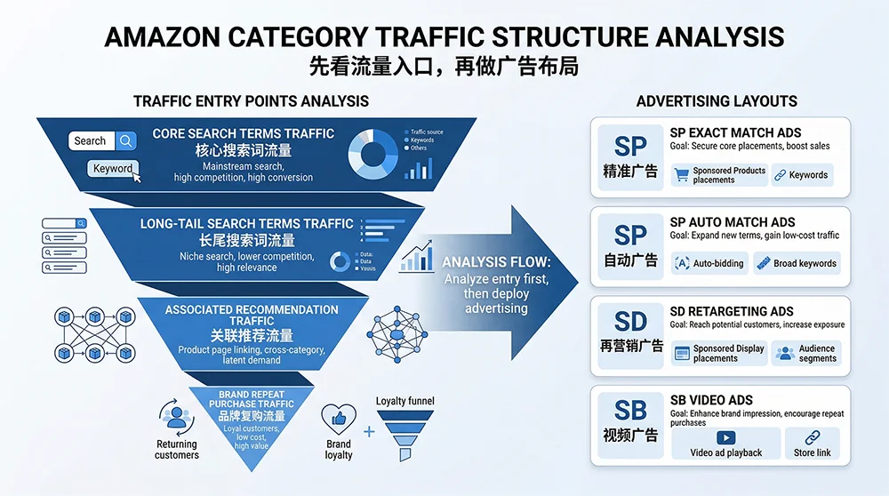 Amazon Category Traffic Structure and Ad Layout Amazon category traffic structure analysis showing search, recommendation and brand traffic mix