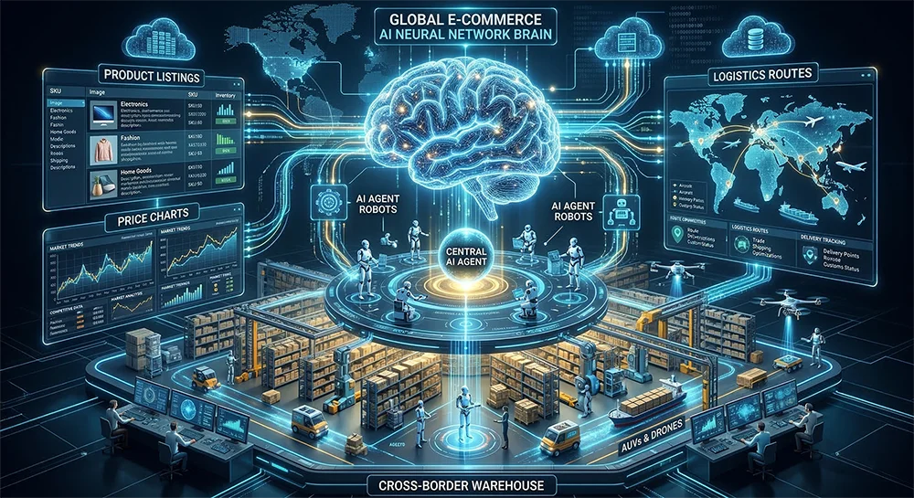 跨境电商 AI Agent 数据中台架构图，展示 OpenClaw 智能体平台与运营自动化流程