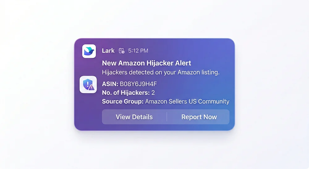 飞书接收亚马逊跟卖预警通知示例 亚马逊Buybox监控 - 飞书机器人发送跟卖预警通知截图