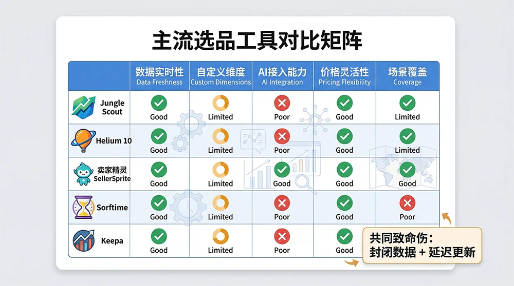 Jungle Scout vs Helium 10 vs SellerSprite vs Keepa: Amazon Product Research Tool Comparison Matrix | Pangolinfo Amazon seller tool comparison matrix: Jungle Scout, Helium 10, SellerSprite, and Keepa rated on data freshness, custom dimensions, AI integration, pricing flexibility, and coverage
