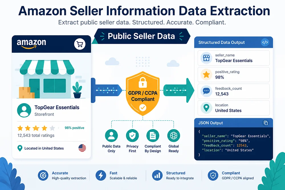 Amazon storefront data flowing into structured JSON with GDPR compliance badge