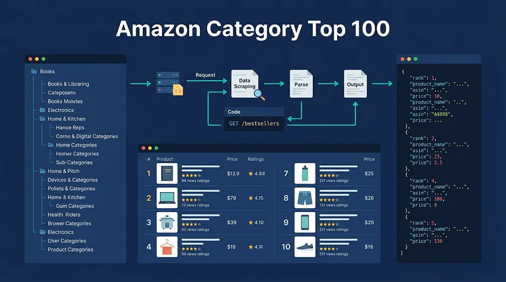 alt="Amazon top 100 category scraper workflow diagram showing bestseller list to structured JSON output pipeline"