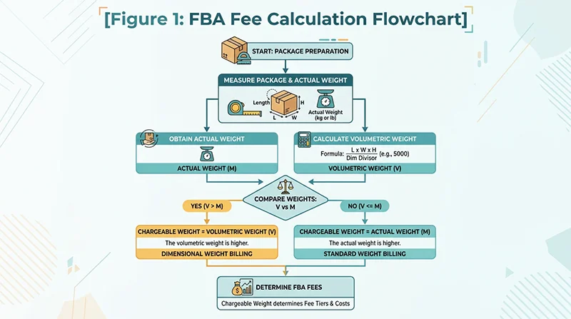 亚马逊FBA费用计算流程图:体积重量与实际重量对比 亚马逊FBA费用计算流程图展示体积重量与实际重量的比较逻辑
