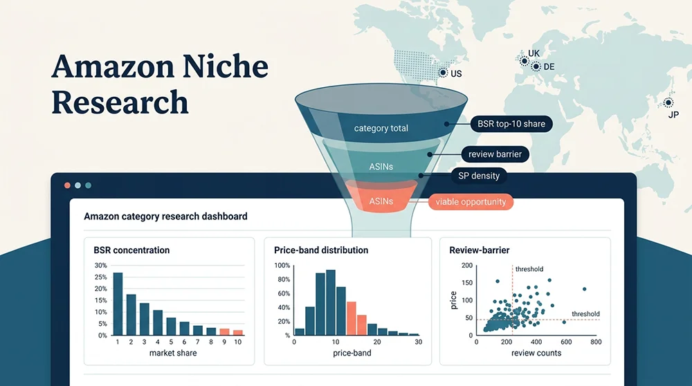 alt="Amazon niche research dashboard showing BSR concentration, price-band distribution and review barrier metrics for data-driven sourcing"