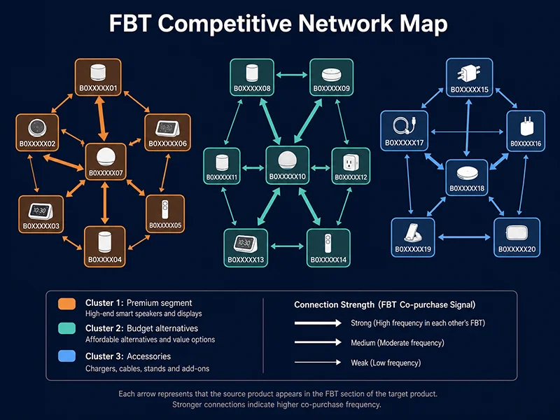 Amazon Related Products Data Extraction: Complete Guide to All 6 Modules (2026) 3 Amazon FBT competitive network map showing three product clusters based on co-purchase relationship analysis using community detection algorithm