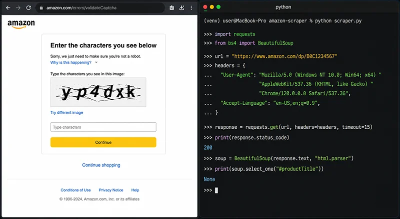 How to Scrape Amazon Product Data with Python (2026 Guide) 3 Amazon scraper CAPTCHA