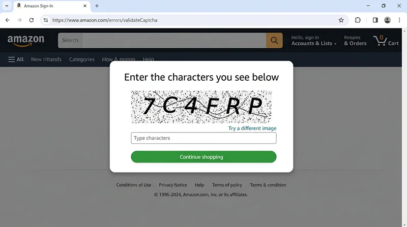 Node.js Headless Browser to Bypass Cloudflare for Amazon Scraping (2026 Complete Guide) 3 Amazon CAPTCHA interstitial page screenshot: appears when scraper is detected as a bot or uses datacenter IP, showing image-based character verification challenge