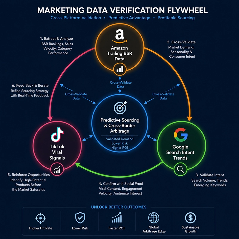 E-Commerce Data Architecture in the Agent Era: Real-Time Data Streams, Cross-Channel Validation, and the Model Context Protocol Revolution 4 A flywheel model showing AI Agents performing cross-channel data validation using Amazon AI Agent real-time data, Google trends, and TikTok metrics.
